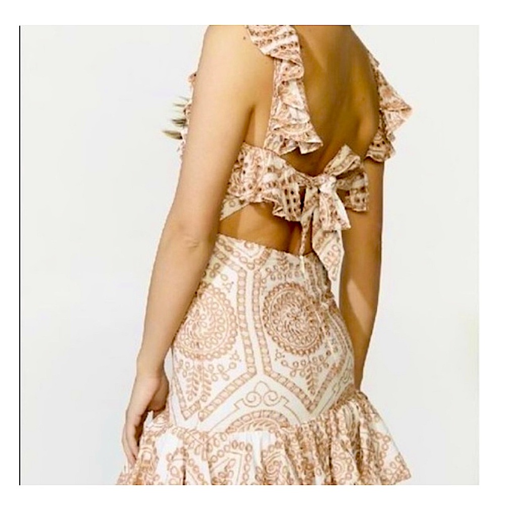 Bardot eyelet embroidered Eliza white contrast ruffles open back dress